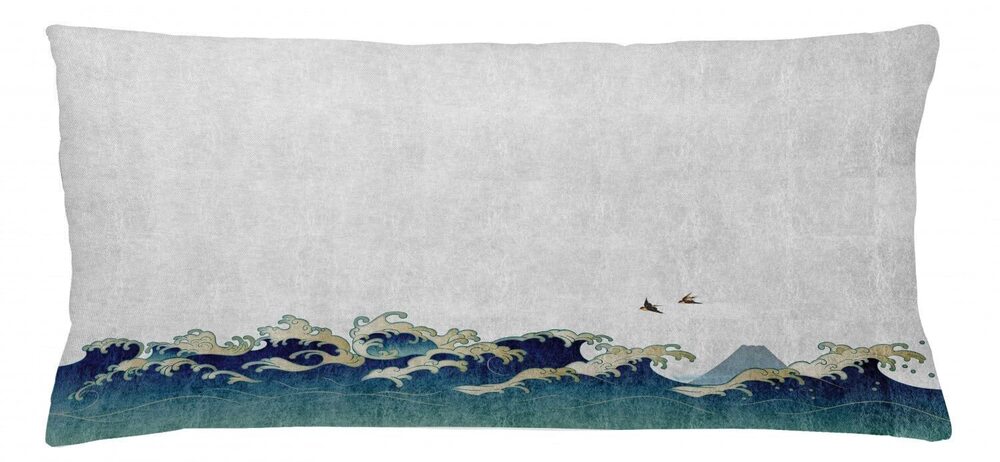9187 Japanese Wave Throw Pillow Cushion Cover, Aquatic Swirls Birds of